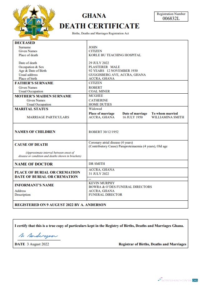 Download Ghana vital record death certificate Word and PDF template Photoshop template